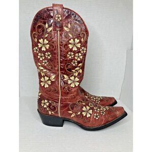 Shyanne Ruby Red Distressed Leather  Floral Cowboy Boots Women’s Sz 7 1/2 B  EUC